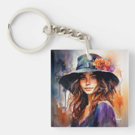 Llavero La mujer del sombrero: Retrato de vibrante gracia