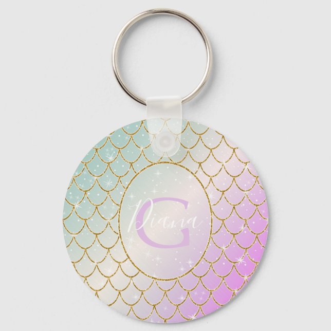 Llavero La Sirenita. Escala dorada en rosa, paque (Anverso)