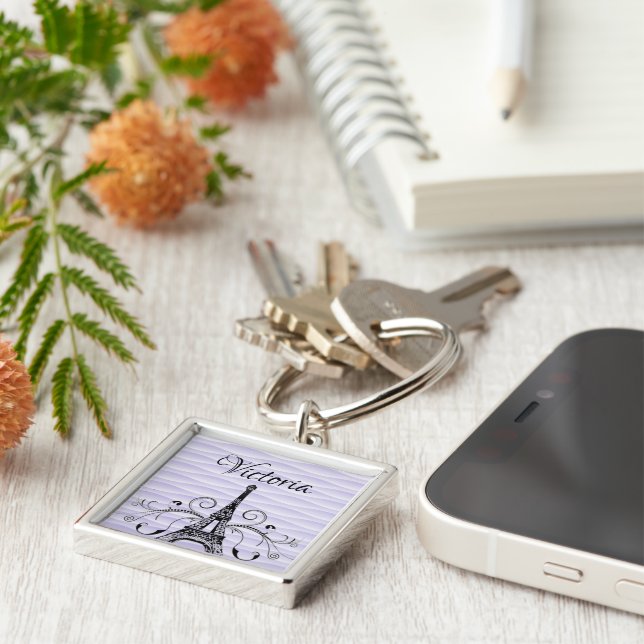 Llavero La Torre Eiffel Púrpura Flourish Square Keychain (Lado)