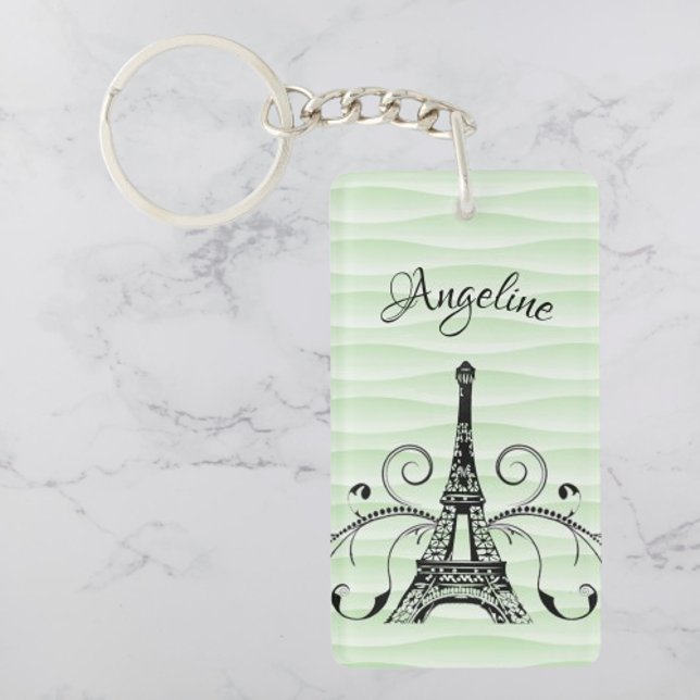 Llavero La Torre Eiffel Verde Florece Keychain (Green Eiffel Tower Flourish Keychain)