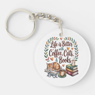 Llavero La vida es mejor con café gatos libros