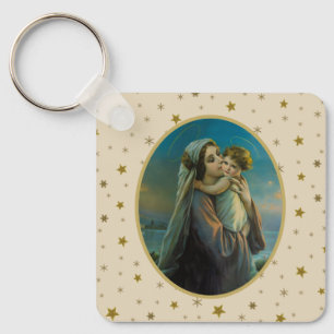 Llavero La Virgen María y el Niño Jesús en el fondo estrel