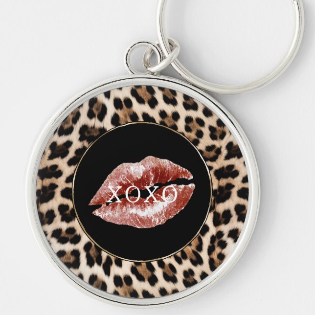 Llavero Labios Rojos Estampado de Leopardo XOXO (Frente)