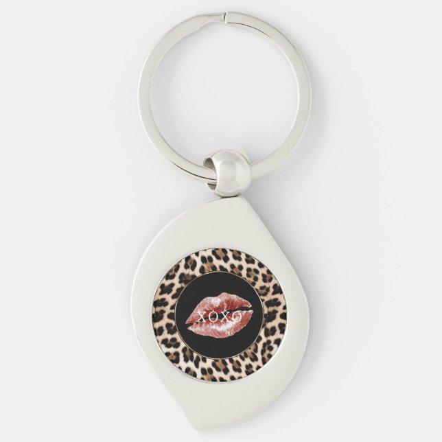 Llavero Labios Rojos Estampado de Leopardo XOXO (Anverso)