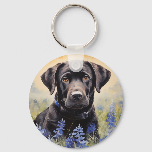 Llavero Labrador negro en Bluebonnets (Anverso)