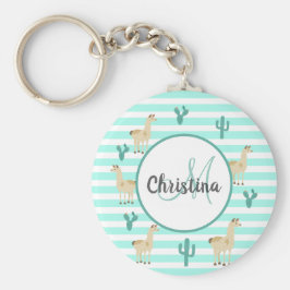 Llavero Lama y cactus sobre rayas blancas verdes