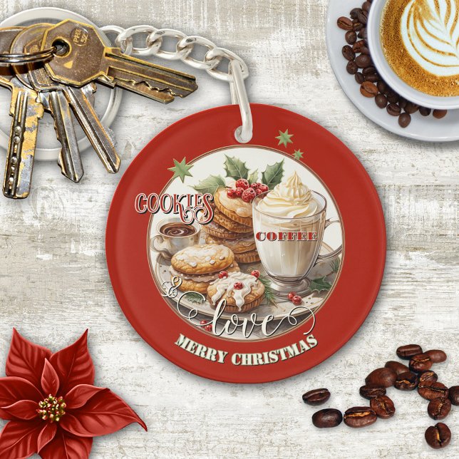 Llavero Las cookies de café de época aman a los Navidades (Fun watercolor Christmas cookies and coffee with love Merry Christmas keychain)