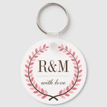 Laurel Wreath Monogram Wedding Keychain Pink White