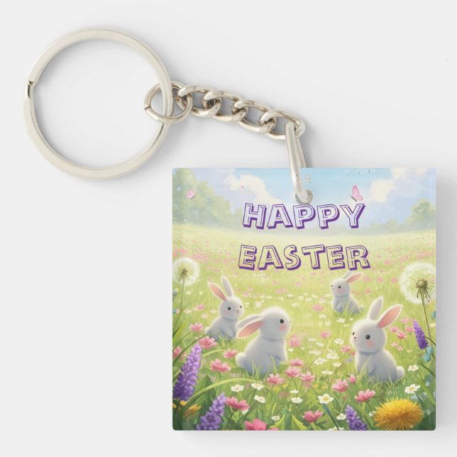 Llavero Lavender Easter Cute White Bunny Floral Spring  (Frente)