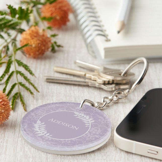 Llavero Lavender Elegant Damask personalizada Keychain (Frente Derecha)