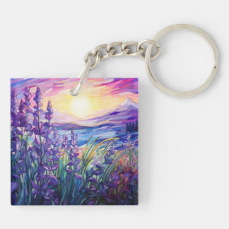 Llavero Lavender in field, mountain background keychain