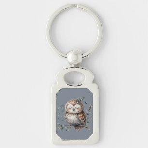 Llavero Lechuza acuarela con estilo de bosque floral