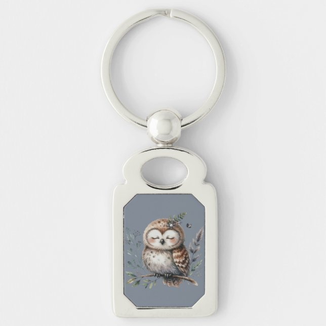 Llavero Lechuza acuarela con estilo de bosque floral (Anverso)