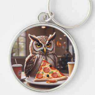 Llavero Lechuza amante de la pizza en el café