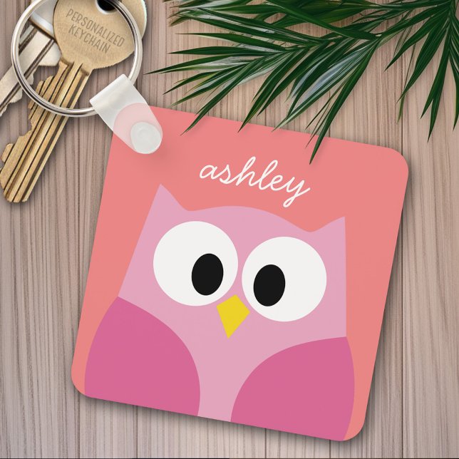 Llavero Lechuza Personalizado en rosa y coral (Personalized keychain - add name)