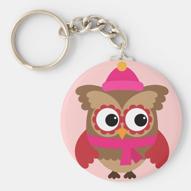 Llavero Lechuza rosa con cadena de teclas del botón de buf (Frente)