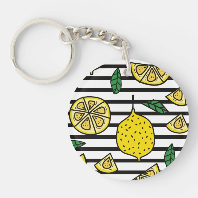 Llavero Lemon sobre fondo rayado negro y blanco (Frente)
