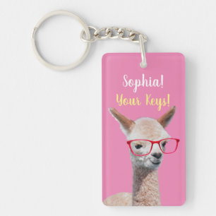 Llavero Lentes Rojos Divertidos de Alpaca, Nombre Mensaje,