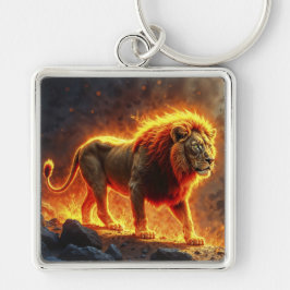Llavero León de llamas quemando volcán fuego arte de fanta
