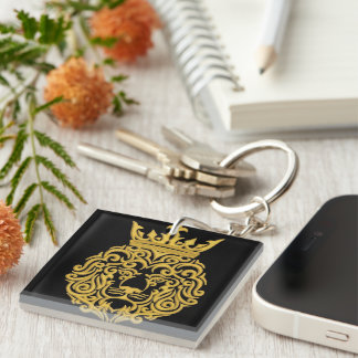 Llavero León Dorado con Corona - Estilo de Bordado Majestu