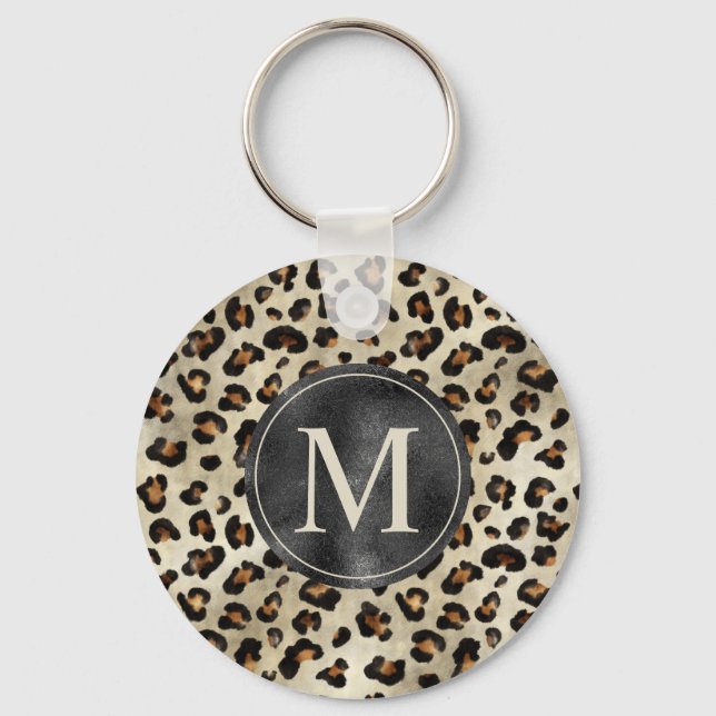 Llavero Leopard Animal Print With Black Faux Foil Monogram (Anverso)