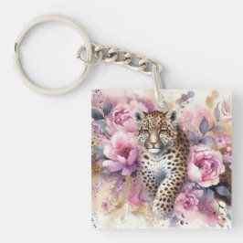 Llavero Leopard Cub y Rosas Acrílico Keychain