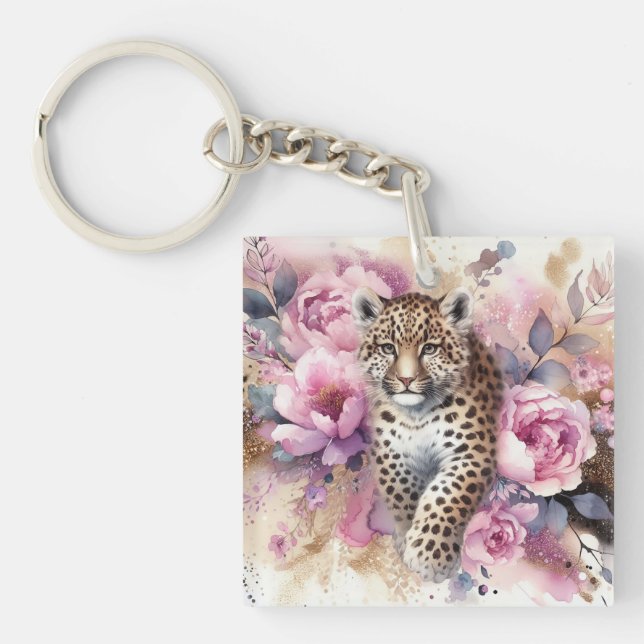 Llavero Leopard Cub y Rosas Acrílico Keychain (Frente)