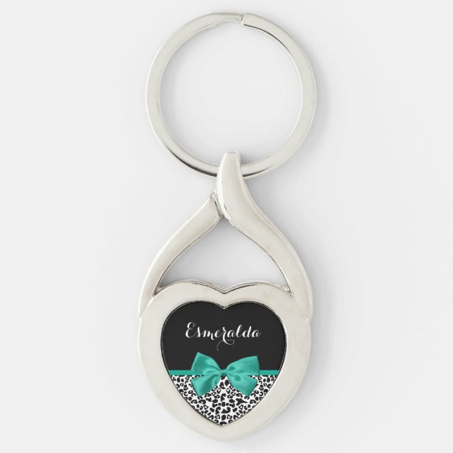 Llavero Leopard Print Emerald Green Ribbon Bow Nombre Moda (Anverso)