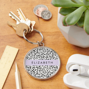 Llavero Leopard Print, Spots, Black And White, Tu Nombre