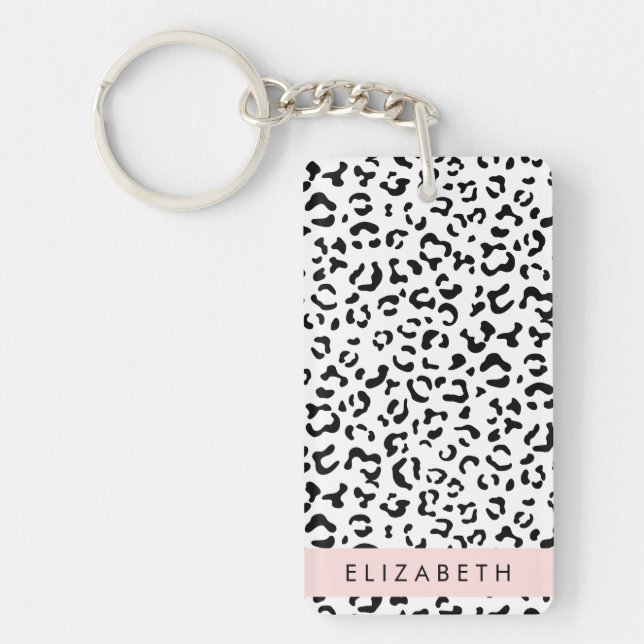 Llavero Leopard Print, Spots, Black And White, Tu Nombre (Frente)