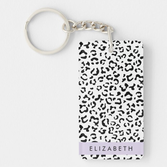 Llavero Leopard Print, Spots, Black And White, Tu Nombre (Frente)