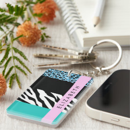 Llavero Leopard Print, Zebra Print, Blue, Your Name