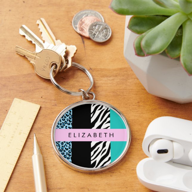 Llavero Leopard Print, Zebra Print, Blue, Your Name (Escritorio )