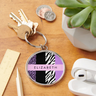 Llavero Leopard Print, Zebra Print, Purple, Tu Nombre