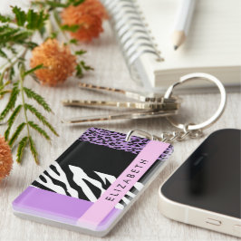 Llavero Leopard Print, Zebra Print, Purple, Tu Nombre
