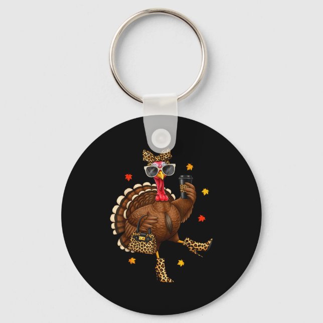 Llavero Leopard Turkey Drinking Coffee Thanksgiving Women  (Anverso)
