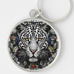Llavero Leopardo en blanco y negro rodeado de flores