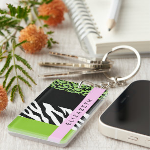 Llavero Leopardo Print, Zebra Print, Green, Your Name