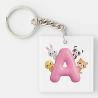 Llavero Letra A Globo Rosa Animales Bosque Acrílico 