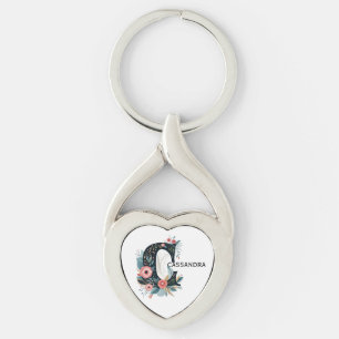 Llavero Letra botánica floral monograma C personalizable