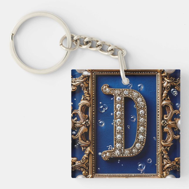 Llavero Letra D dorada ornamentada con joyas (Frente)