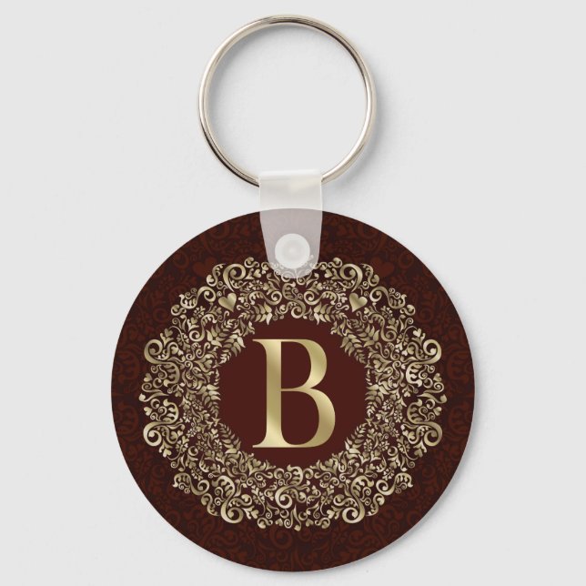Llavero Letra elegante B oro y monograma Damasco rojo (Anverso)