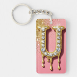 Llavero Letra Inicial de Diamante Dorado U Regalo Rosa Par