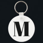 Llavero Letra inicial del monograma del personalizado blan<br><div class="desc">Moderno personalizado blanco y negro monograma primera letra minimalista y elegante cadena de moda. Personalizable de texto negro,  fondo de color sólido blanco</div>