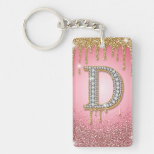Llavero Letra Inicial Diamante D Dorado Rosa Regalo Para M