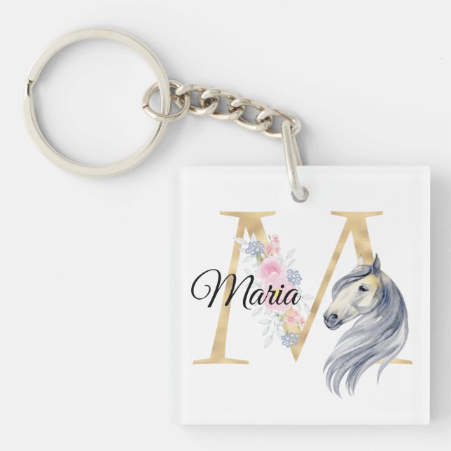 Llavero letra M personalizada monograma con caballo (Frente)