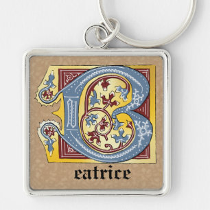 Llavero Letra medieval azul y marfil rojo iluminada B
