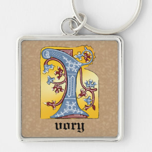 Llavero Letra medieval azul y marfil rojo iluminada con le