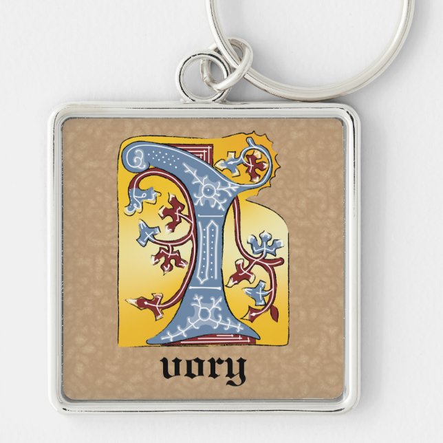 Llavero Letra medieval azul y marfil rojo iluminada con le (Frente)