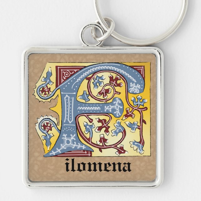 Llavero Letra medieval azul y marfil rojo iluminada F (Frente)